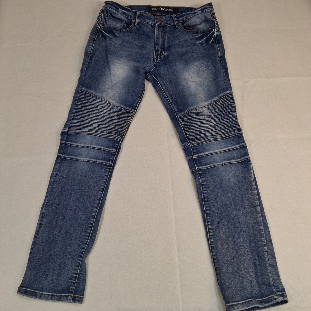 XRAY Jeans‎ Moto Biker Pants Mens 34 Blue Slim Stretch Ribbed Knee Denim